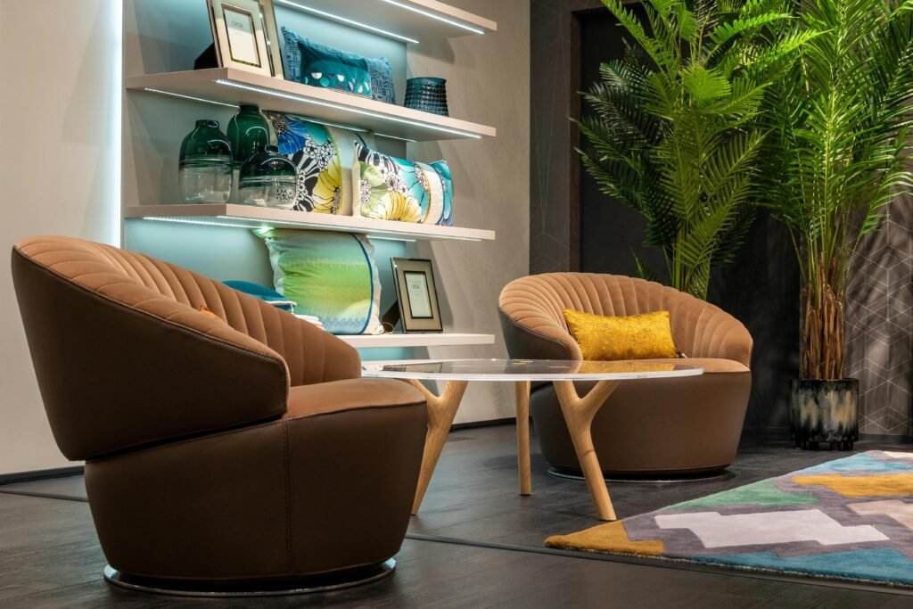 Stylish interior featuring modern furniture, vibrant decor, and lush indoor plants.